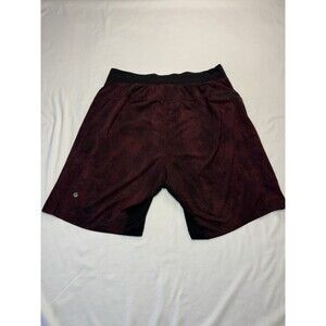 Lululemon T.H.E. Shorts Red Mens L Linerless 9” Elastic Waist Pockets Geometric